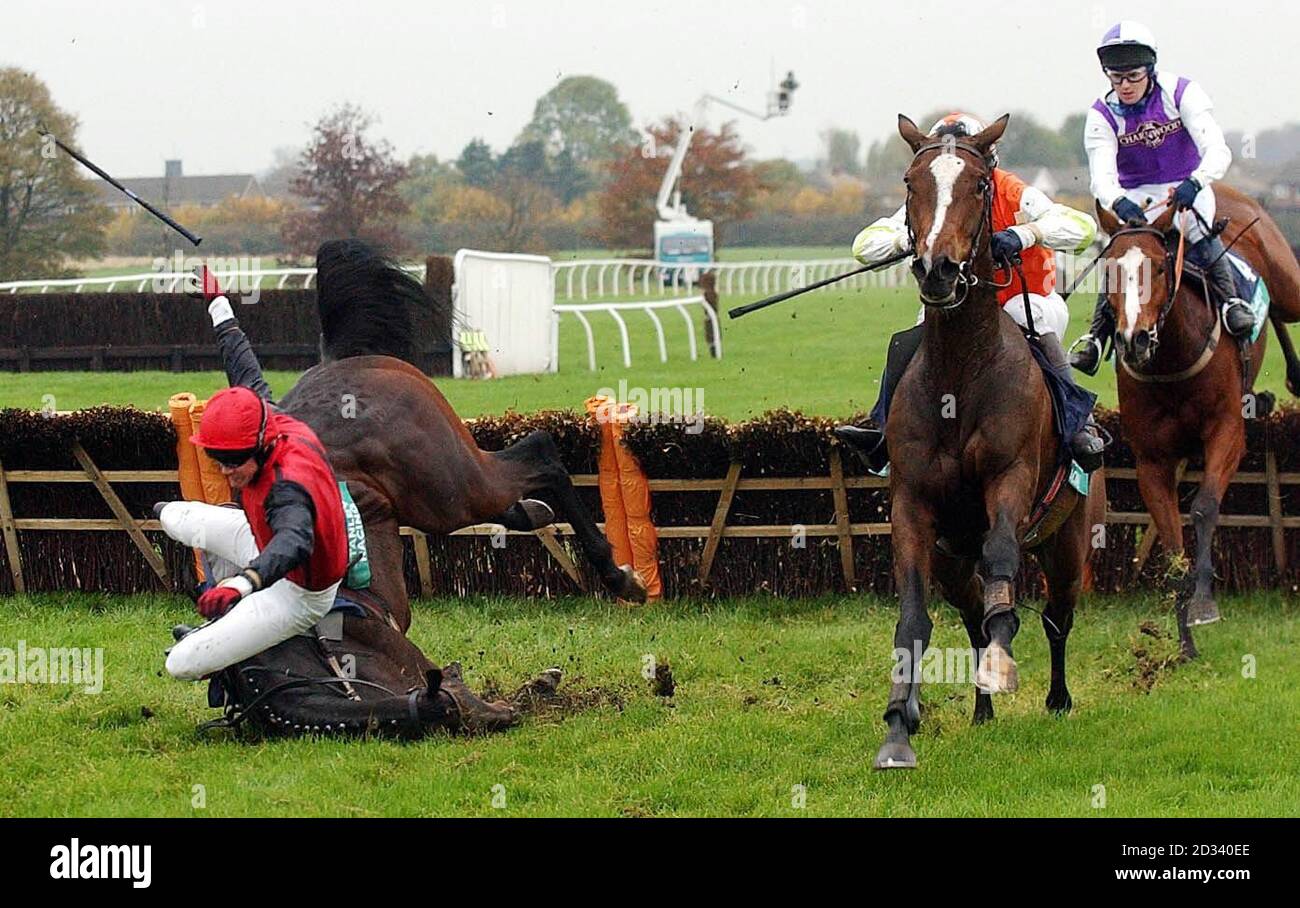 Squibnocket (left) suffers a fatal fall at the hurdle, as jockey Richard McGrath (left) also comes off, in the Wensleydale Novices Hurdle Race at Wetherby races, Wetherby. Stock Photo