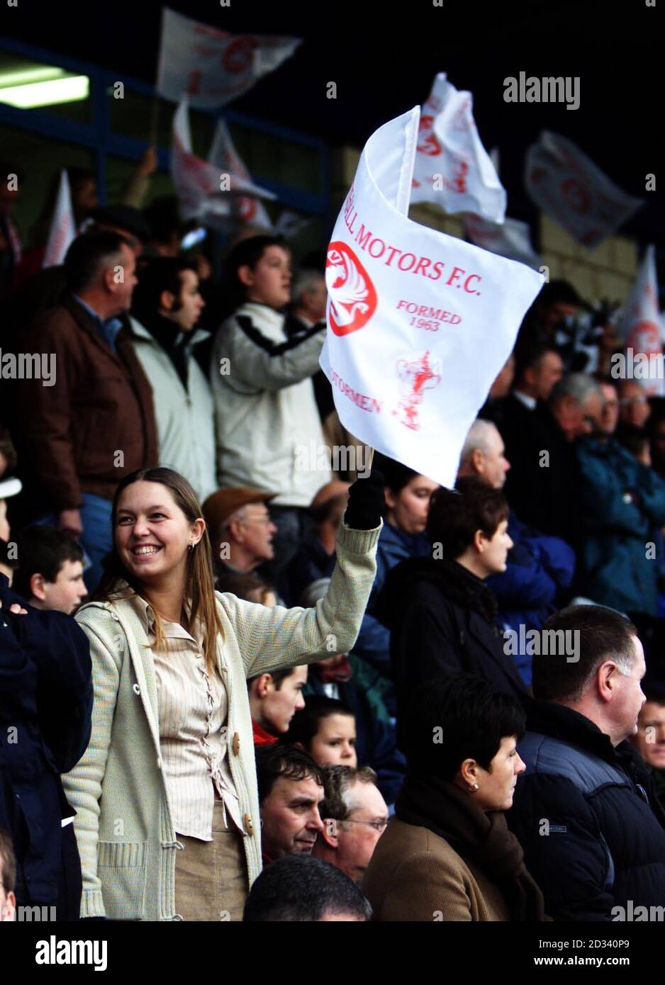 Vauxhall Motors Fan Waving A Flag Ahead Of The Fa Cup First Round Match Against Qpr At The Deva Stadium Chester This Picture Can Only Be Used Within The Context Of An