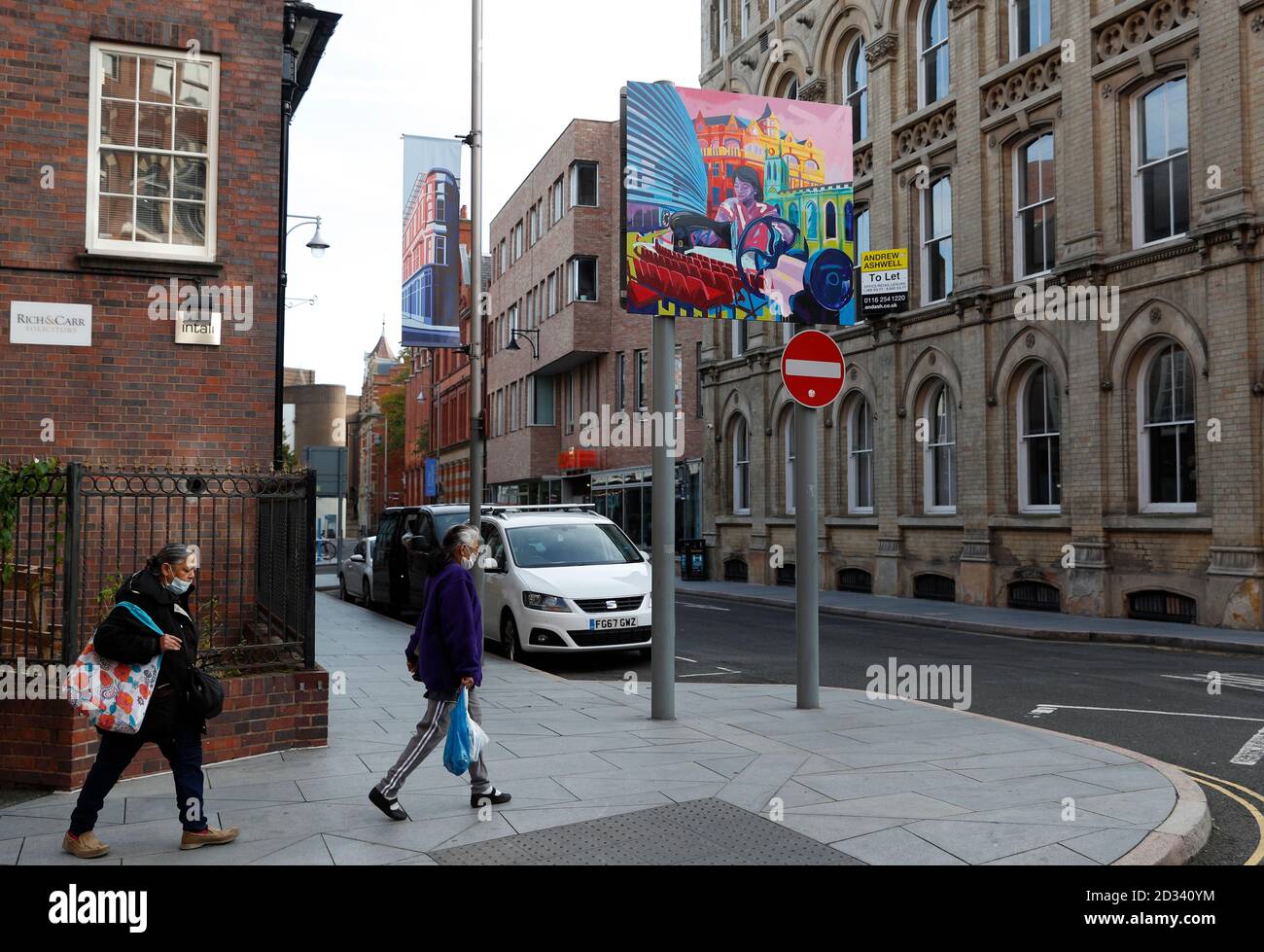 Leicester, Leicestershire, UK. 7th October 2020. Women walk in the culture quarter 100 days since the UKÕs first local coronavirus pandemic lockdown was announced in the city. Credit Darren Staples/Alamy Live News. Stock Photo