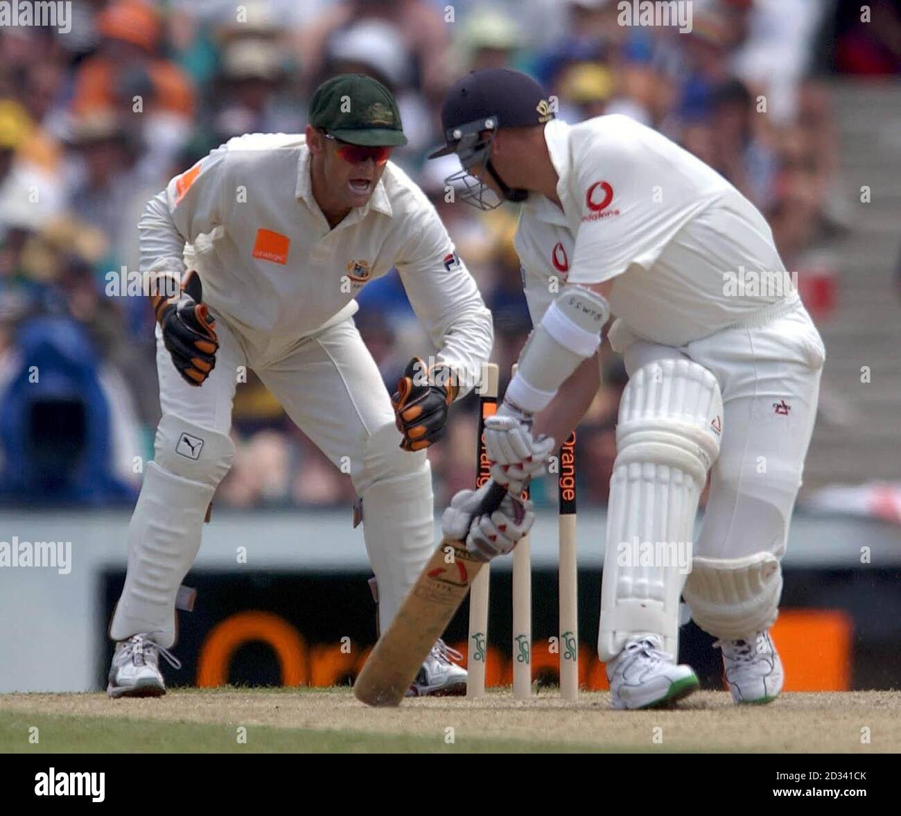 England batsman Matthew Hoggard is stumped by Australian wicketkeeper