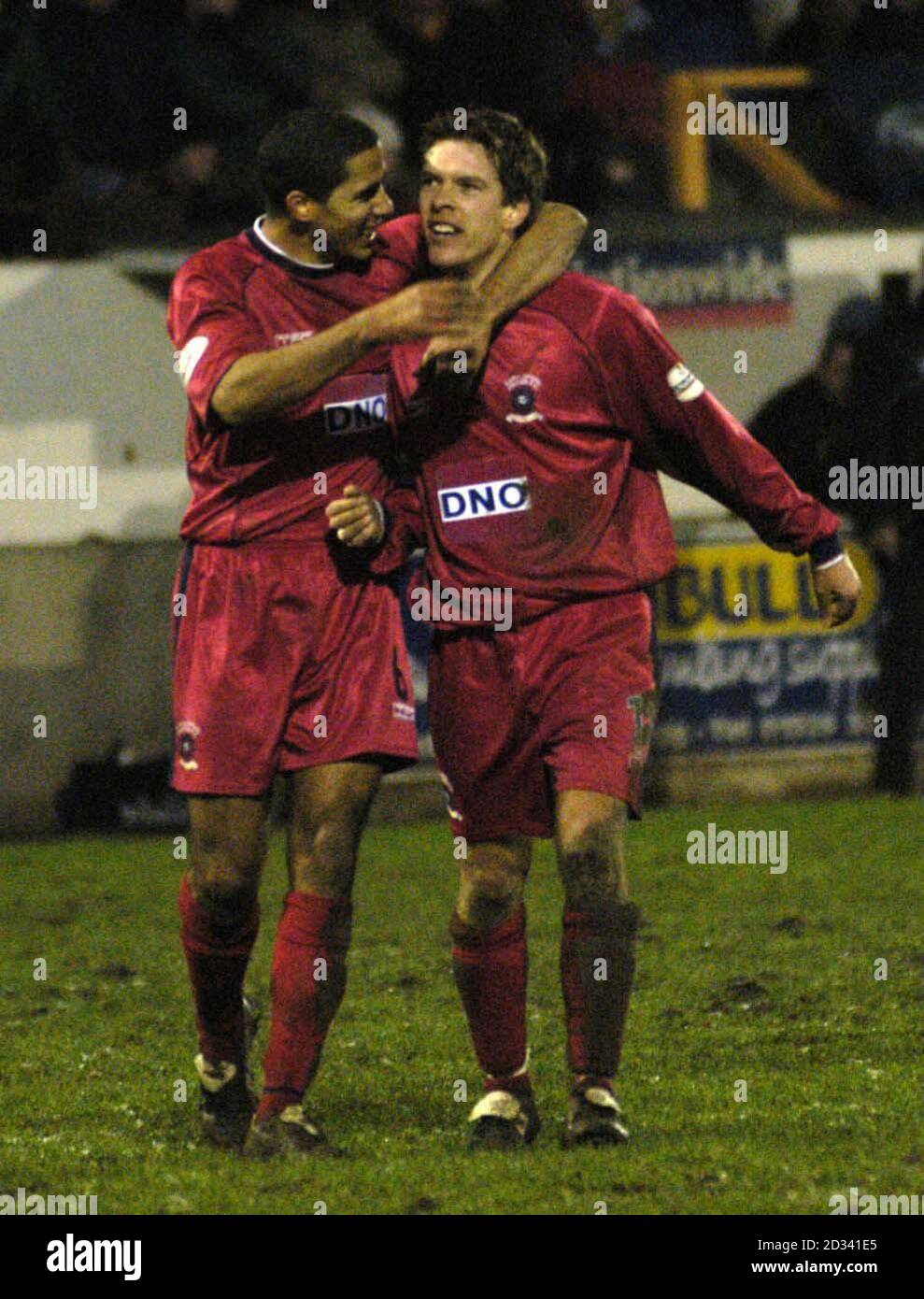 Hartlepool's Darrel Clarke (right) is congratulated by team-mate Chris Westwood after scoring the winning goal against Boston United during their Nationwide Division Three match at Boston United's York Street Stadium. Hartlepool defeated Boston United 1-0.  THIS PICTURE CAN ONLY BE USED WITHIN THE CONTEXT OF AN EDITORIAL FEATURE. NO UNOFFICIAL CLUB WEBSITE USE. Stock Photo