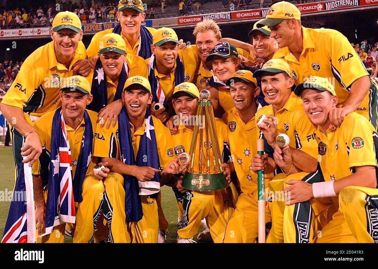 The Australian team with the VB Series trophy after winning the second