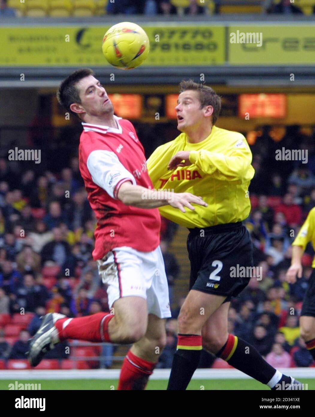 Rotherham United's Alan Lee (L) battles with Watford's Neil Ardley during their Nationwide Division One match at Watford's Vicarage Road ground. THIS PICTURE CAN ONLY BE USED WITHIN THE CONTEXT OF AN EDITORIAL FEATURE. NO UNOFFICIAL CLUB WEBSITE USE. Stock Photo