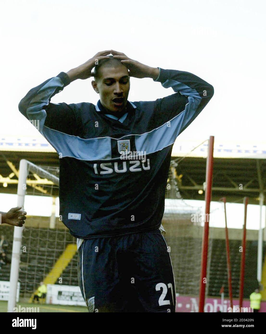 Coventry's Jay Bothroyd holds his head after missing an open goal  during their Nationwide Division One match at Rotherham's Millmoor Ground, south Yorkshire. THIS PICTURE CAN ONLY BE USED WITHIN THE CONTEXT OF AN EDITORIAL FEATURE. NO UNOFFICIAL CLUB WEBSITE USE. Stock Photo