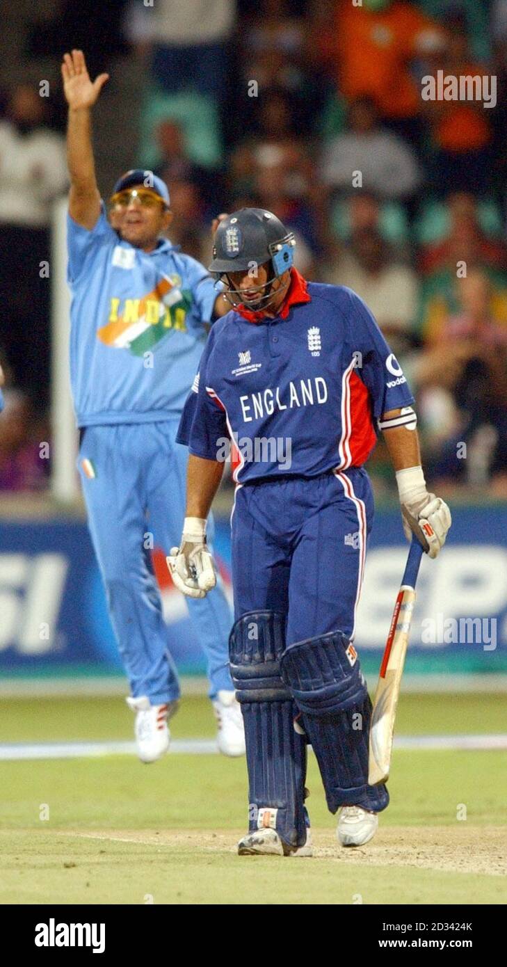 EDITORIAL USE ONLY - NO COMMERCIAL SALES: India's Virendar Sehwag celebrates the fall of the wicket of England captain Nasser Hussain, caught by Rahul Dravid for 15, off the bowling of Ashish Nehra during their Cricket World Cup match at Kingsmead, Durban. Stock Photo