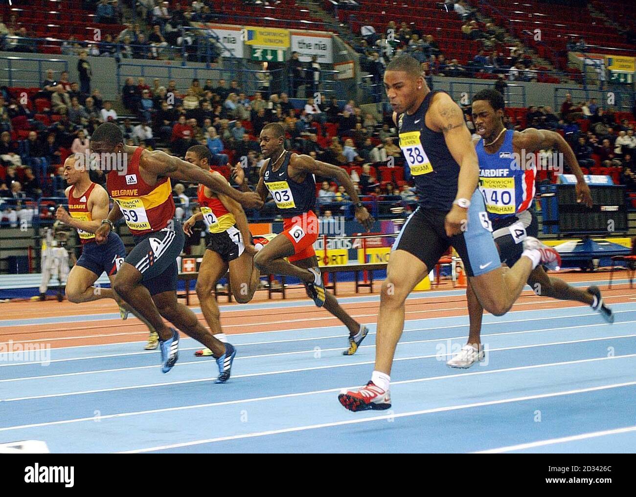 Mark Lewis Francis (nearest) wins the 60mtrs from Dwain Chambers in 6 ...