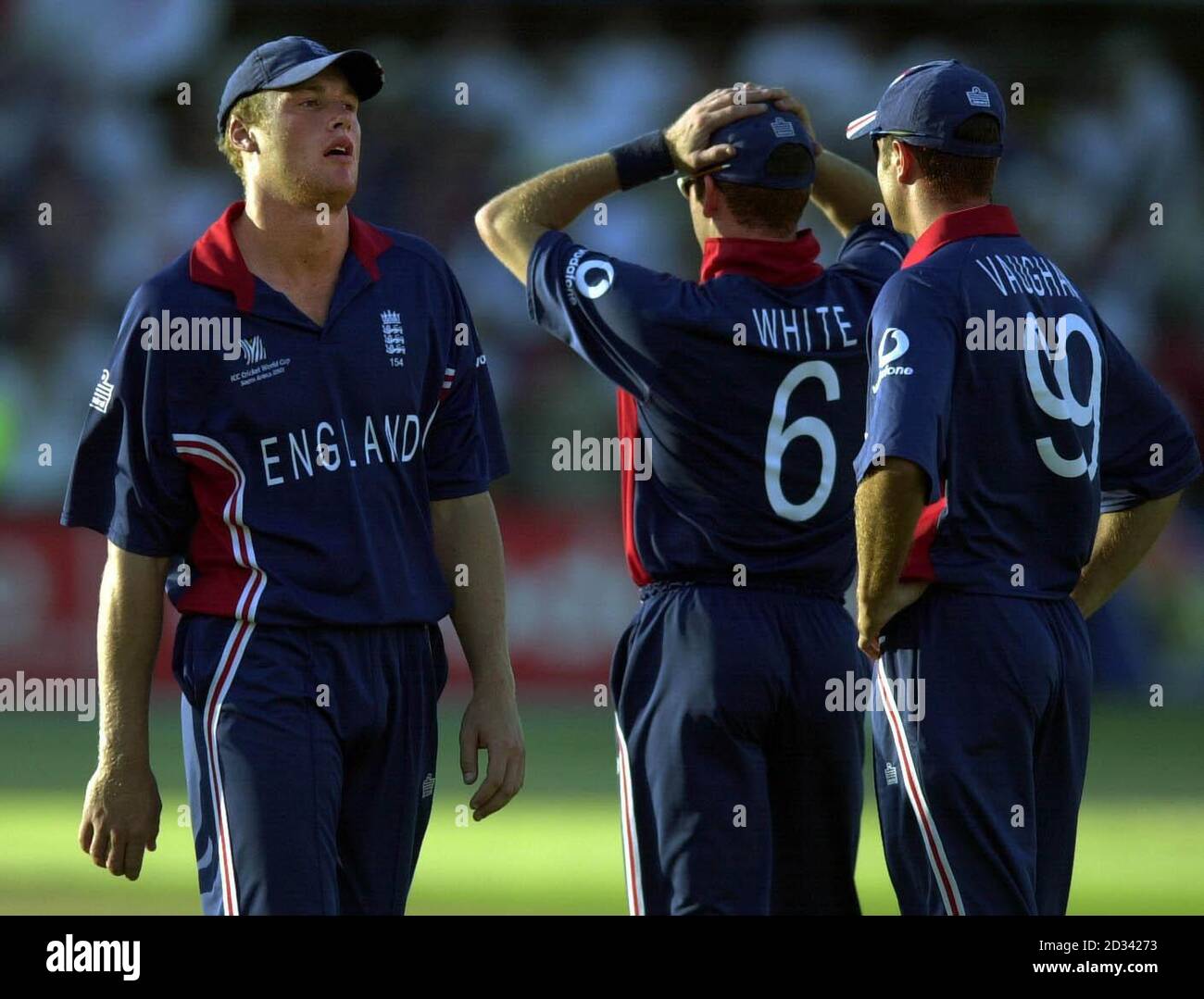 EDITORIAL USE ONLY - NO COMMERCIAL SALES From left, England's Andrew Flintoff, Craig White and Michael Vaughan leave the field after losing their final Group A Cricket World Cup match to Australia by 2 wickets at St George's Park, Port Elizabeth.  Pakistan must beat Zimbabwe in Bulawayo for England to have any chance of progressing to the Super Sixes. Stock Photo