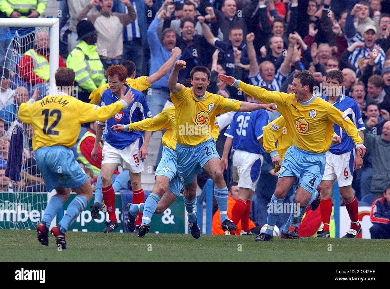 Sheffield Wednesday's Ashley Westwood (centre) celebrates scoring against  Portsmouth with team mates Steven Haslam (left) and Paul McLaren, during  their Division One match against Portsmouth at Fratton Park, Portsmouth.  Wednesday won 2-1