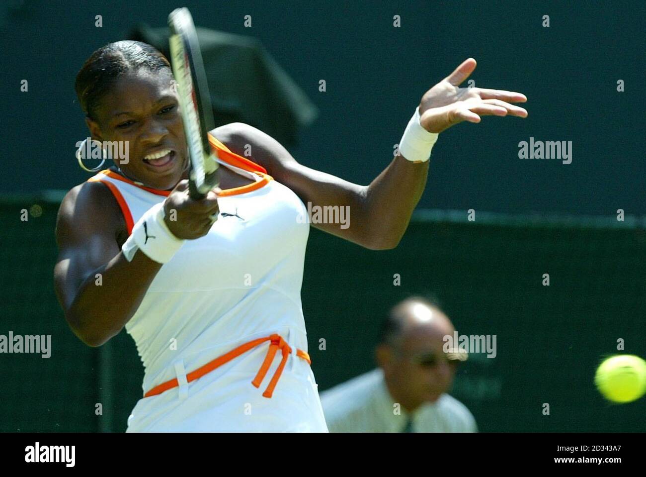 EDITORIAL USE ONLY, NO MOBILE PHONE USE. Defending champion Serena Williams in action on Centre Court against Jill Craybas from the USA at the All England Lawn Tennis Championships in Wimbledon. Williams defeated Craybas in straight sets 6-3, 6-3. Stock Photo
