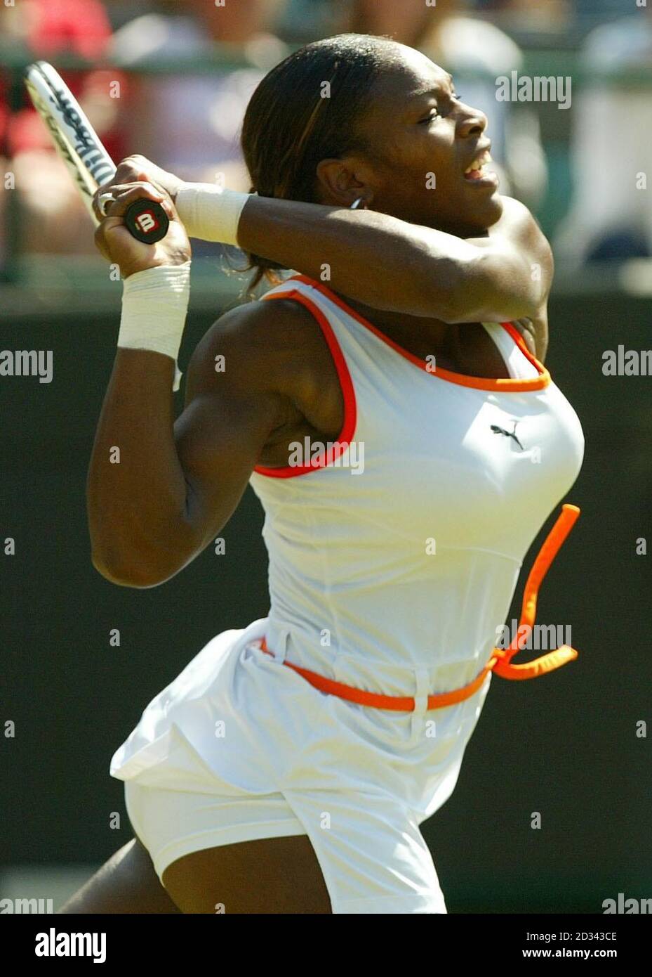 Defending champion Serena Williams from the USA in action before defeating fellow American Laura Granville straight sets in the third round at the All England Lawn Tennis Championships at Wimbledon. Stock Photo