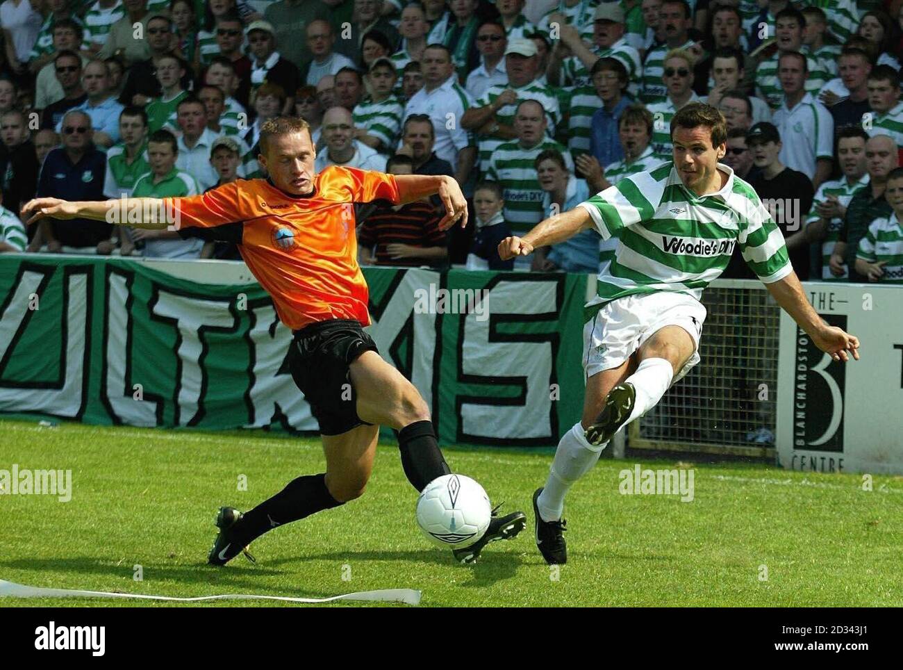 Shamrock Rovers' Stephen Grant (R) and the Czech Republic's Slovan Liberec's Tomas Zapotocny in action during their UEFA InterToto Cup match at Richmond Park, Dublin. Stock Photo