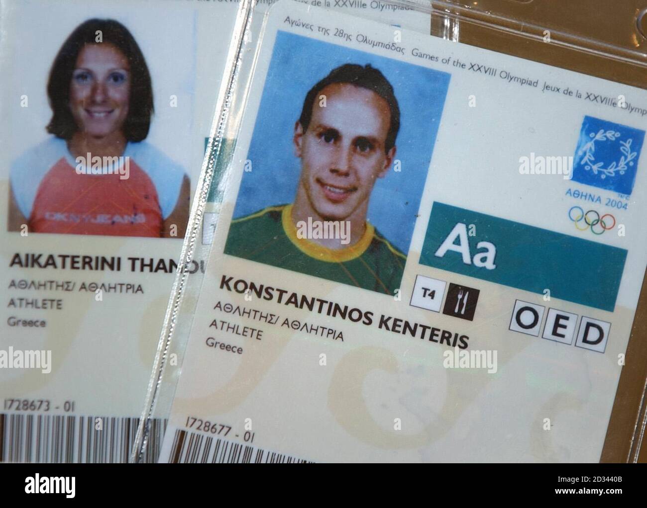 The Athens 2004 Olympic Games accreditation handed back to the International Olympic Committee by Greek athletes by Kostas Kenteris and Katerina Thanou in Athens. The athletes have had their missed drugs test case referred to the International Associations of Athletics Federations by the IOC's Executive Board. Stock Photo
