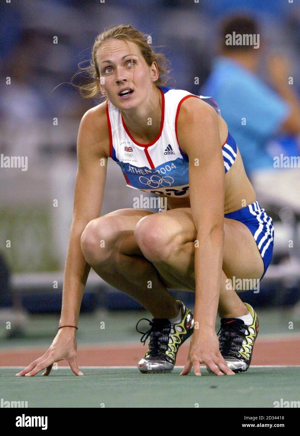 Great Britain's Kelly Sotherton reacts after finishing her Women's