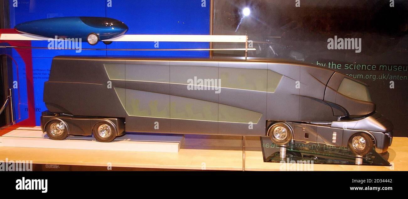 A small model of his 'BladeRunner' designed by Carl Henderson, a half-train, half-coach that will revolutionise the way we move freight and passengers around the country in the future, at the Science Museum in London this morning. Stock Photo