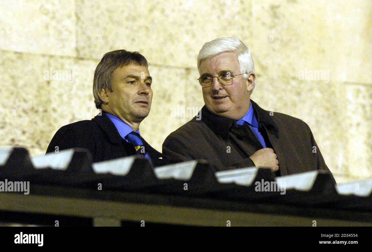 Scottish FA Chief executive David Taylor(left) and Presdient John McBeth watch Scotland's World Cup qualifier against  Moldovia at the Republican Stadium in Chisinau, Moldova    THIS PICTURE CAN ONLY BE USED WITHIN THE CONTEXT OF AN EDITORIAL FEATURE. NO WEBSITE/INTERNET USE UNLESS SITE IS REGISTERED WITH FOOTBALL ASSOCIATION PREMIER LEAGUE. Stock Photo