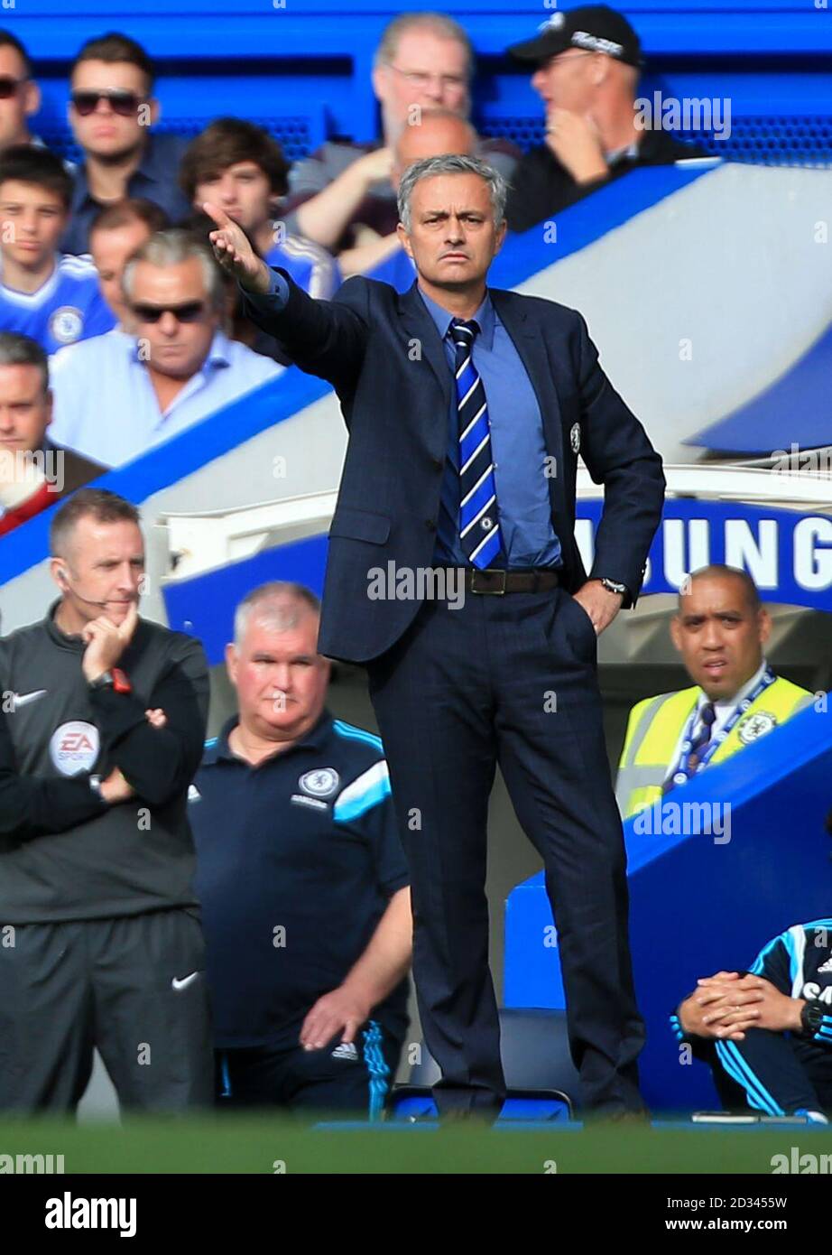 Chelsea manager Jose Mourinho gestures on the touchline during the Barclays Premier League match at Stamford Bridge, London. Stock Photo