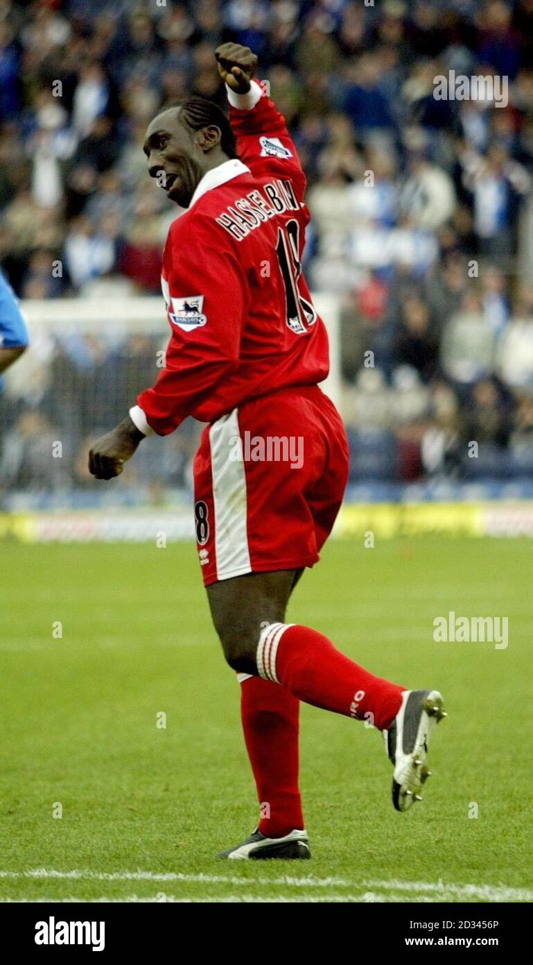 Middlesbrough's Jimmy Floyd Hasselbaink celebrates his hat-trick against Blackburn Rovers during their Barclays Premiership match at Ewood Park, Blackburn, Saturday October 16, 2004. Stock Photo