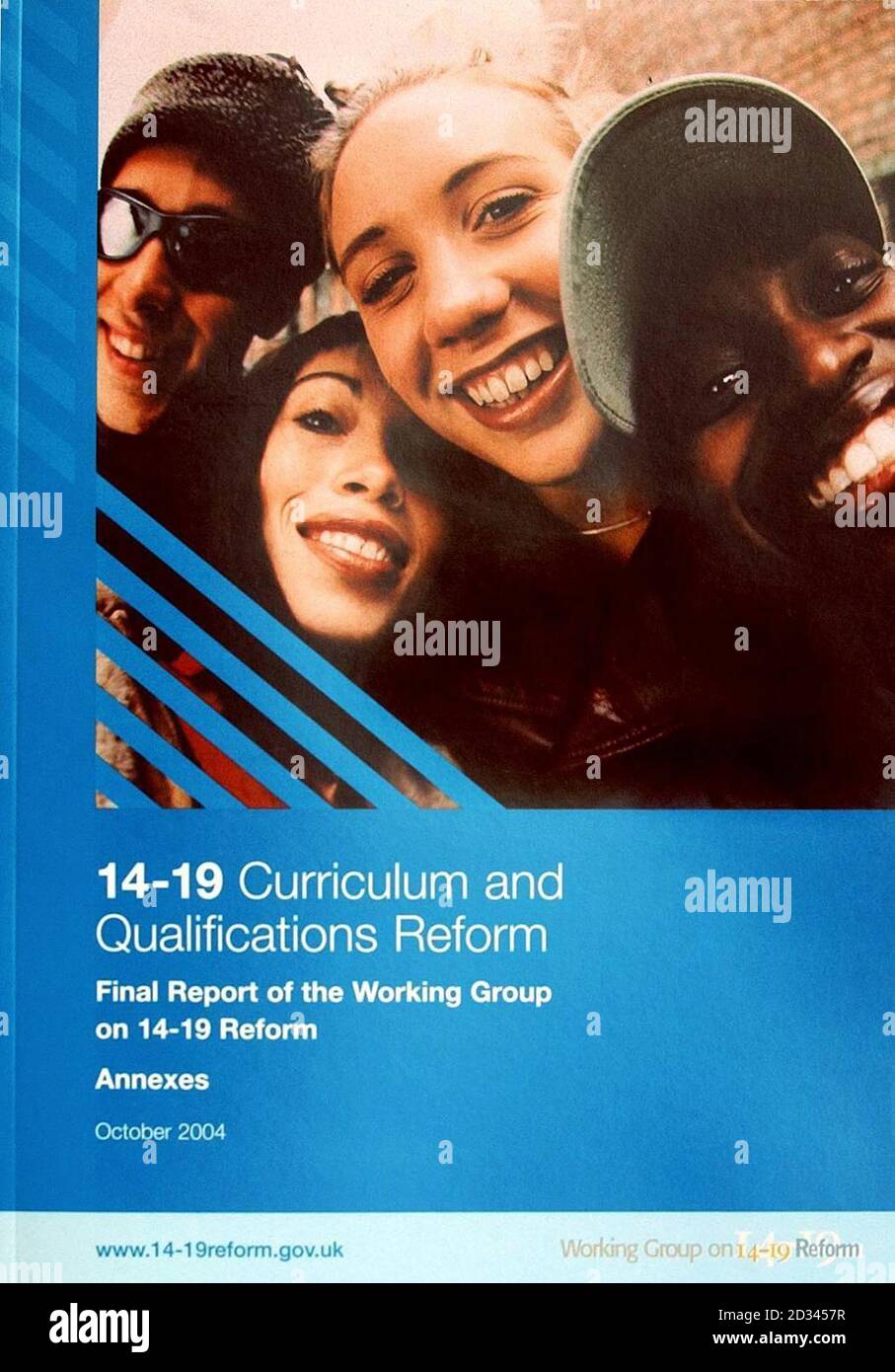 Front cover of the 14-19 Curriculum and Qualifications Reform, which was presented during a press briefing in London. GCSEs and A-Levels should be replaced with a new diploma system, according to a blueprint for the most radical shake-up of English education for more than half a century published today. Former Chief Inspector of Schools Mike Tomlinson called for wide-ranging reforms to the qualifications that 14 to 19-year-olds take in order to stop teenagers dropping out of school, stretch the brightest students, and ensure that all youngsters can read, write and add up properly. Stock Photo