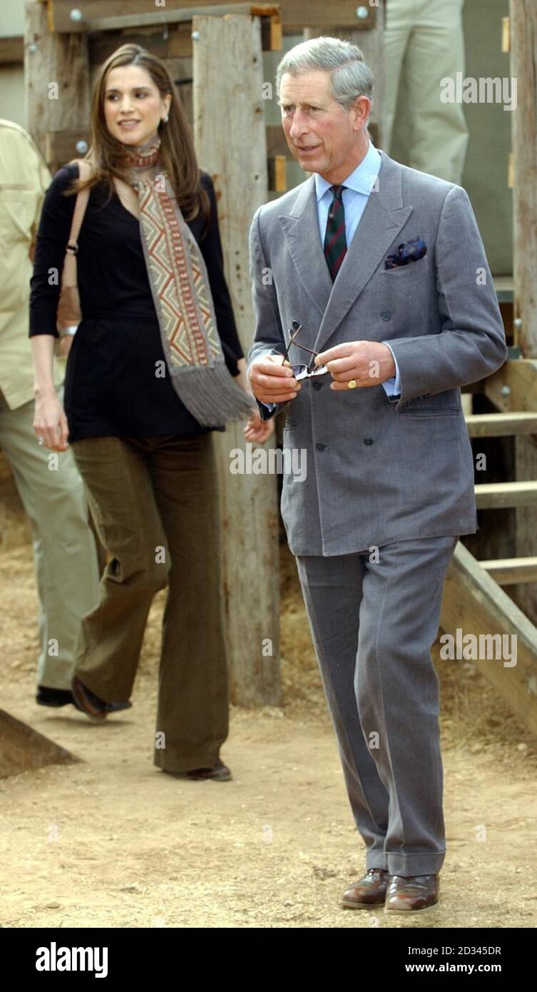 Britain's Prince Charles, the Prince of Wales, (right) and Jordan's Queen Rania at the Ajloun Nature Reserve in Jordan. Stock Photo