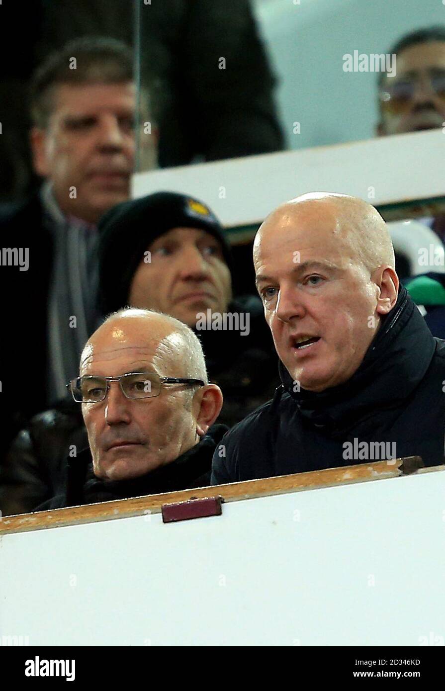 Newly appointed West Bromwich Albion Manager Tony Pulis and Chairman Jeremy Peace look on from the stands during the Barclays Premier League match at Upton Park, London. Stock Photo