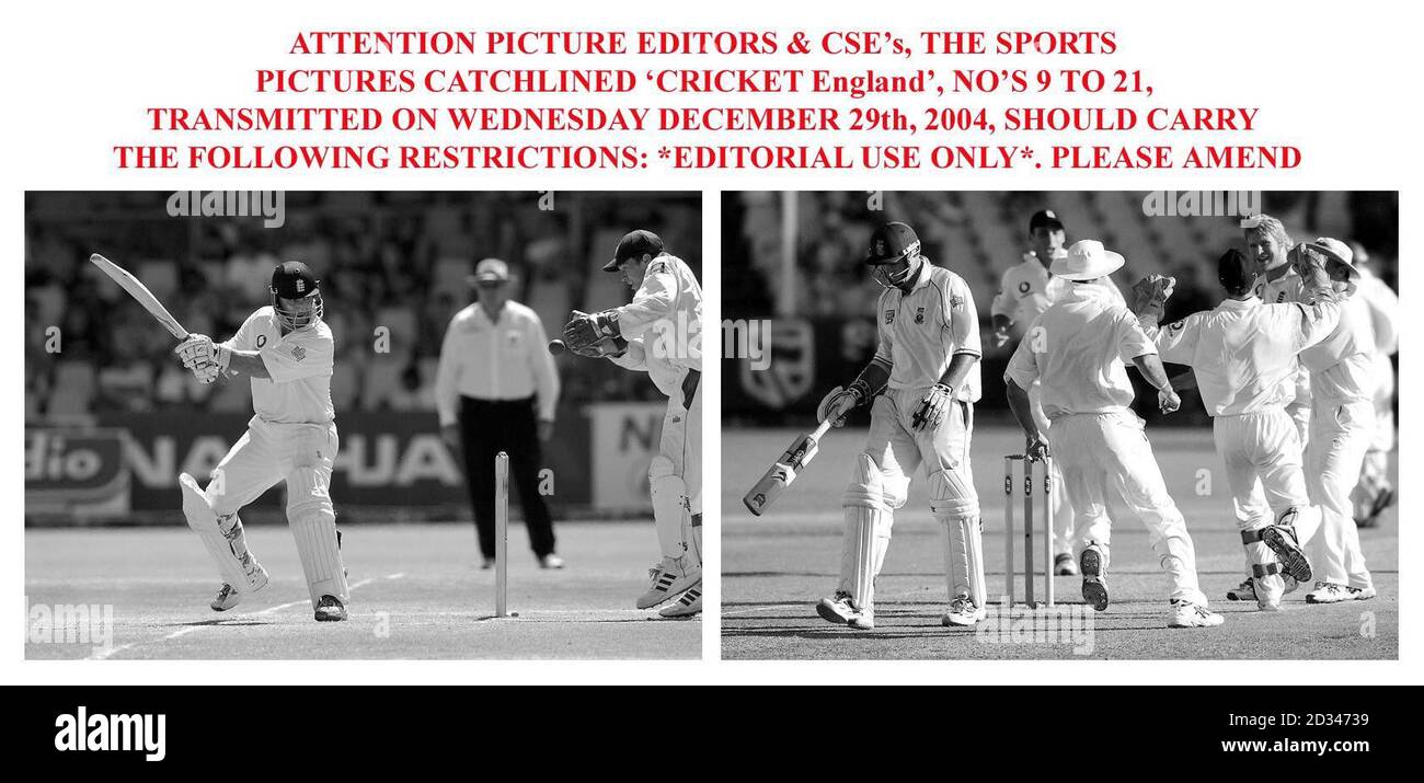 ATTENTION PICTURE EDITORS & CSE's, THE SPORTS PICTURES CATCHLINED 'CRICKET England', NO'S 9 TO 21, TRANSMITTED ON WEDNESDAY DECEMBER 29th, 2004, SHOULD CARRY THE FOLLOWING RESTRICTIONS: *EDITORIAL USE ONLY*. PLEASE AMEND Stock Photo