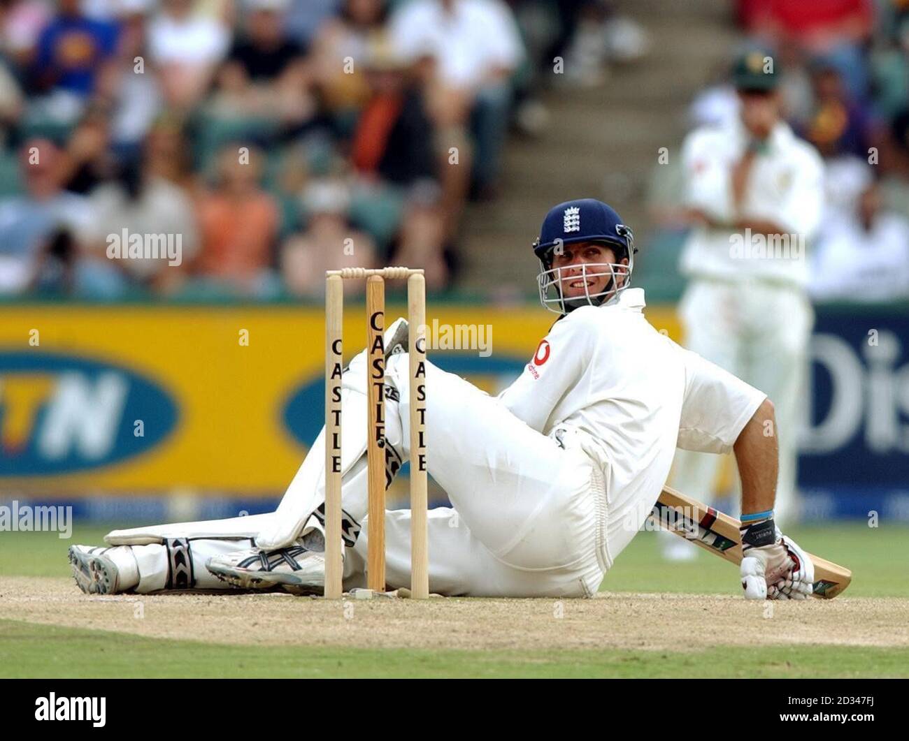 England cricket captain Michael Vaughan reacts after falling while ducking a high ball. Stock Photo
