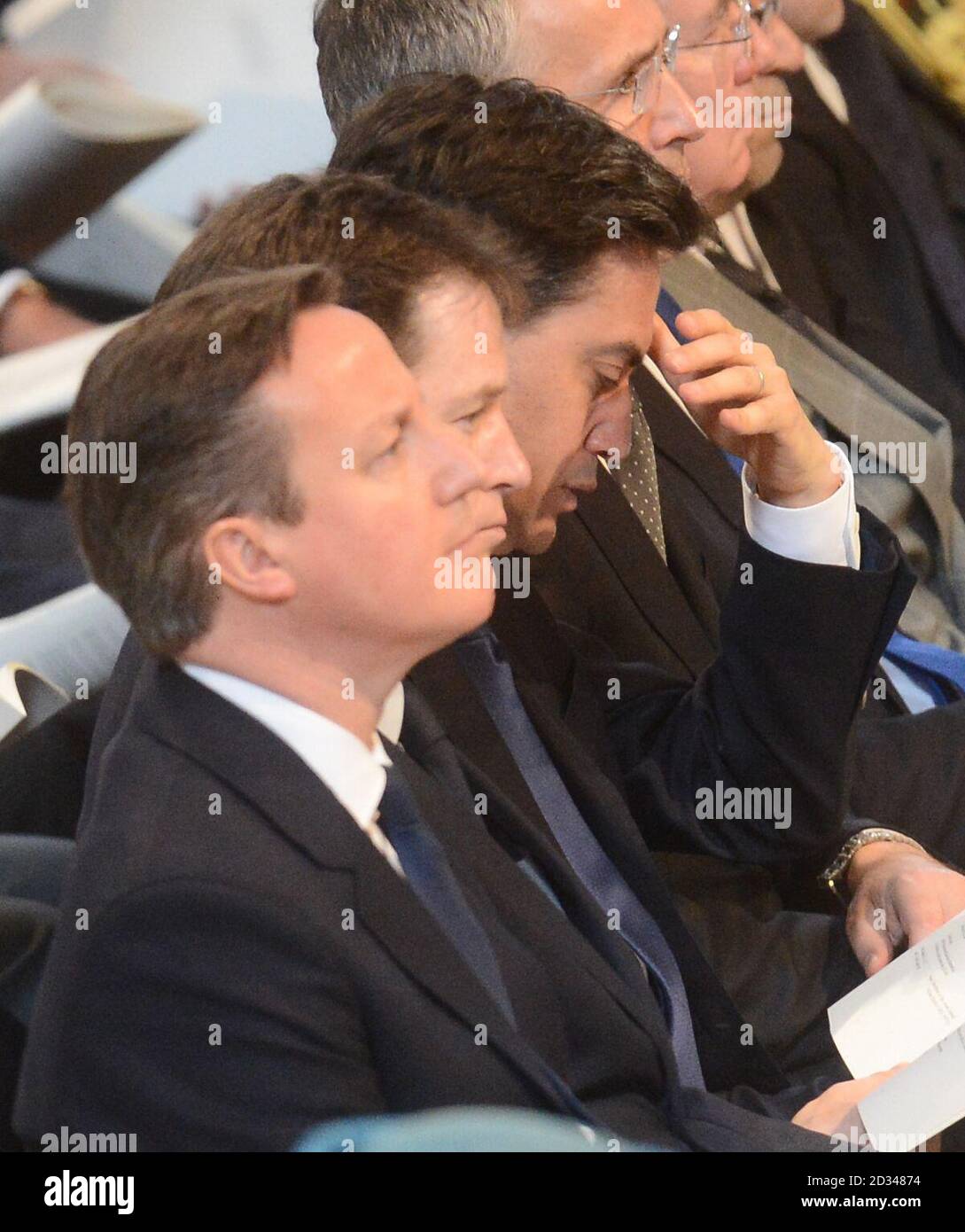 Prime Minister David Cameron, Deputy Prime Minister Nick Clegg and labour Leader Ed Miliband at a commemoration service to mark the end of combat operations in Afghanistan at St Paul's Cathedral, London. Stock Photo