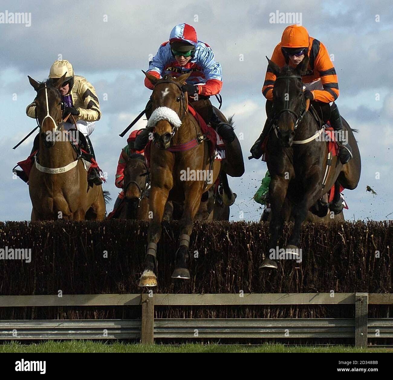 Farmer Jack And Jockey Richard Johnson C Jumps The Water Jump From Strong Flow R And Valley Henry L Before Going On To Win Stock Photo Alamy