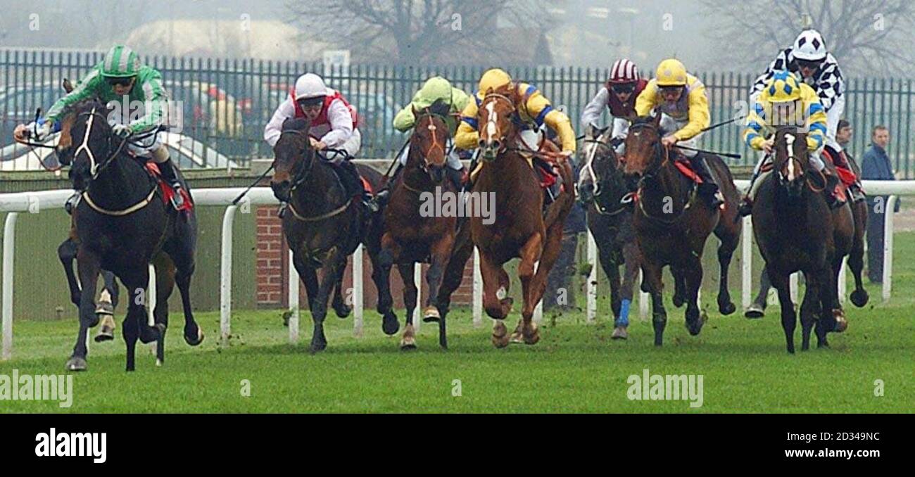 Phantom Whisper and jockey Alan Munro (L) go on to win the Mind Games Bearstone Stud Brocklesby Conditions Stakes. Stock Photo