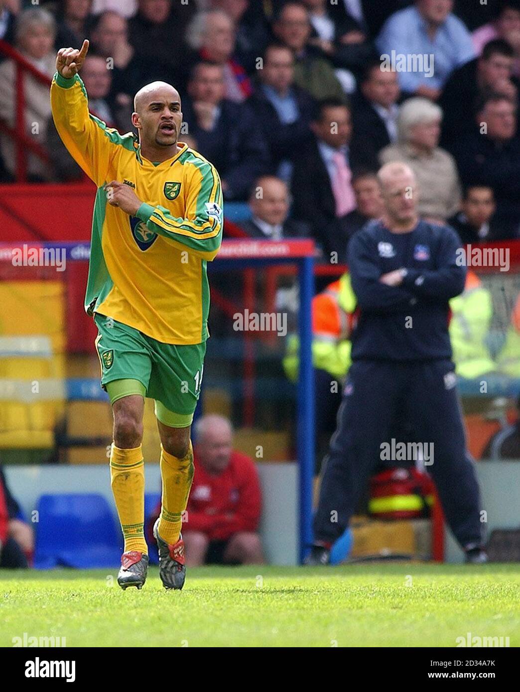 Norwich City's Leon McKenzie celebrates scoring while Crystal Palace manager Ian Dowie stands on the touchline dejected Stock Photo