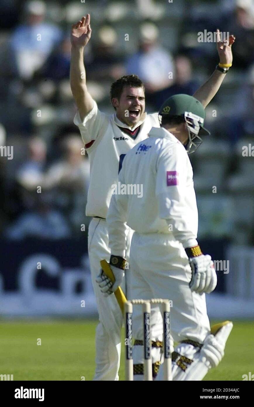 Lancashire bowler James Anderson celebrates having Worcestershire opening batsman Stephen Peters (not pictured) caught behind by Warren Hegg. Stock Photo