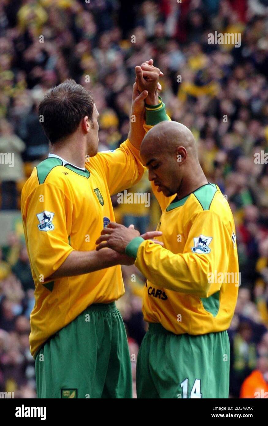 Norwich City's Dean Ashton [L] is congratulated by team-mate Leon McKenzie after scoring a penalty against Birmingham City. Stock Photo