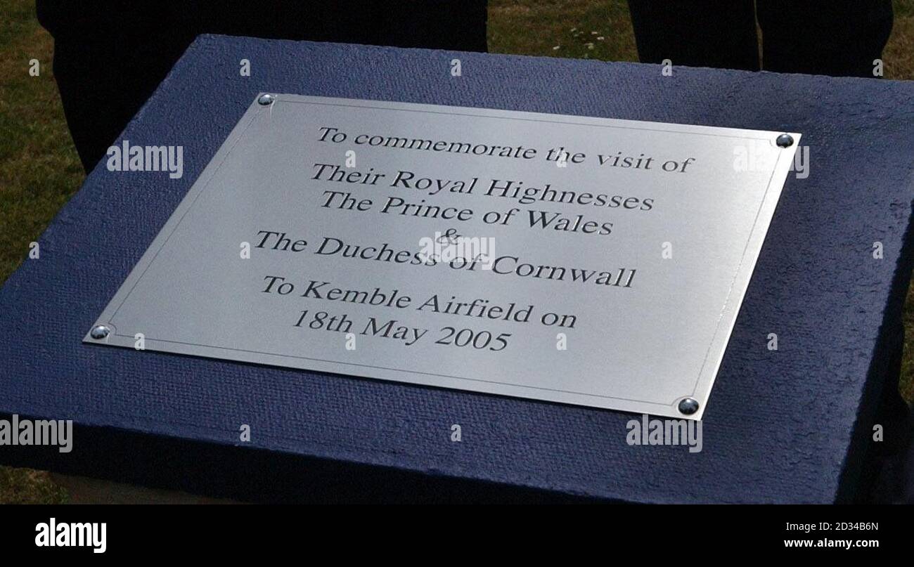 A plaque unveiled at Kemble Airfield during a visit by The Prince of Wales and the Duchess of Cornwall. A former RAF/UASF base dating back to 1936, the airfield has now made the transition to a busy civilian airfield. Stock Photo