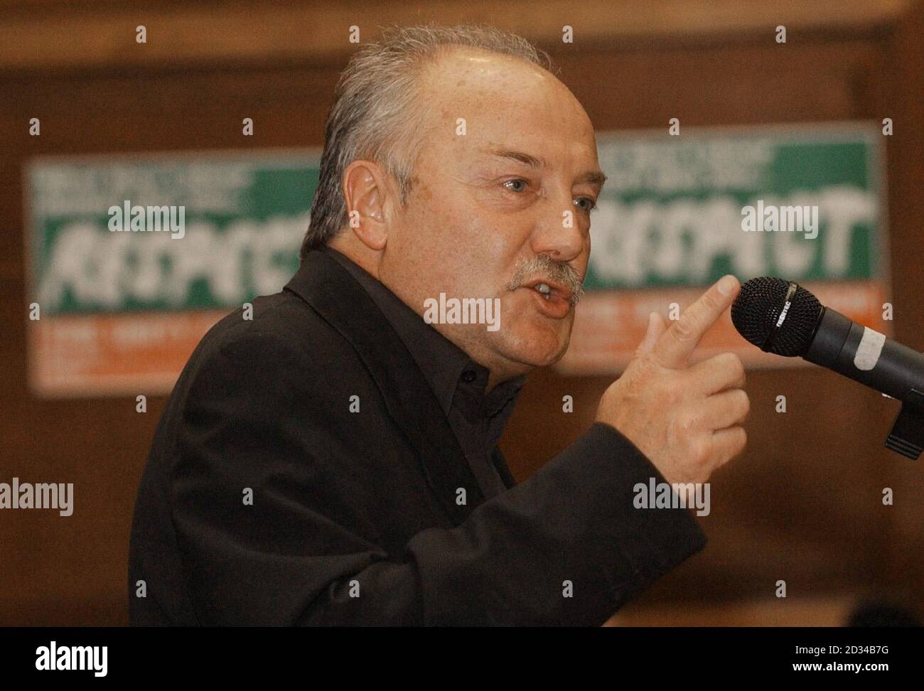 Respect MP George Galloway speaks at a party rally a day after his ferocious showdown with US senators. Hundreds turned up at a meeting in London to celebrate his general election victory over Labour's Oona King. He was hailed as the 'man of the moment' after returning from Washington today. Stock Photo