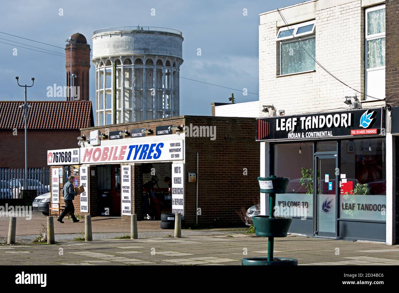 Tyre garage and the pepper pots in Goole, East Yorkshire, England UK Stock Photo