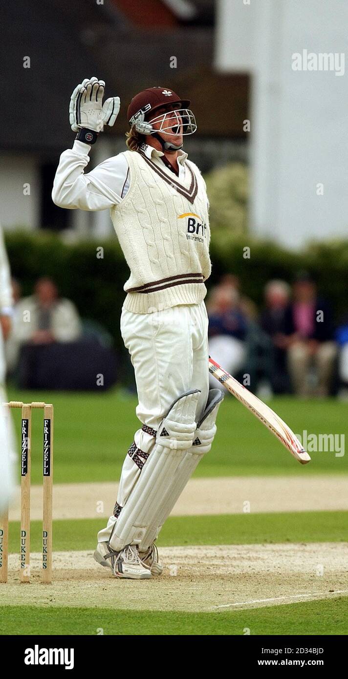 Surrey's Rikki Clarke reacts after being hit on the hand by a delivery from Warwickshire's Neil Carter. Stock Photo