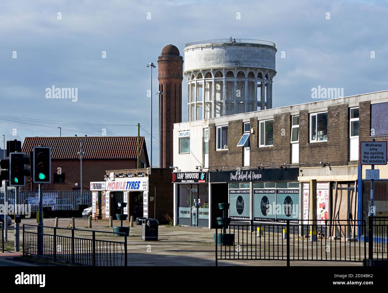 Tyre garage and the pepper pots in Goole, East Yorkshire, England UK Stock Photo