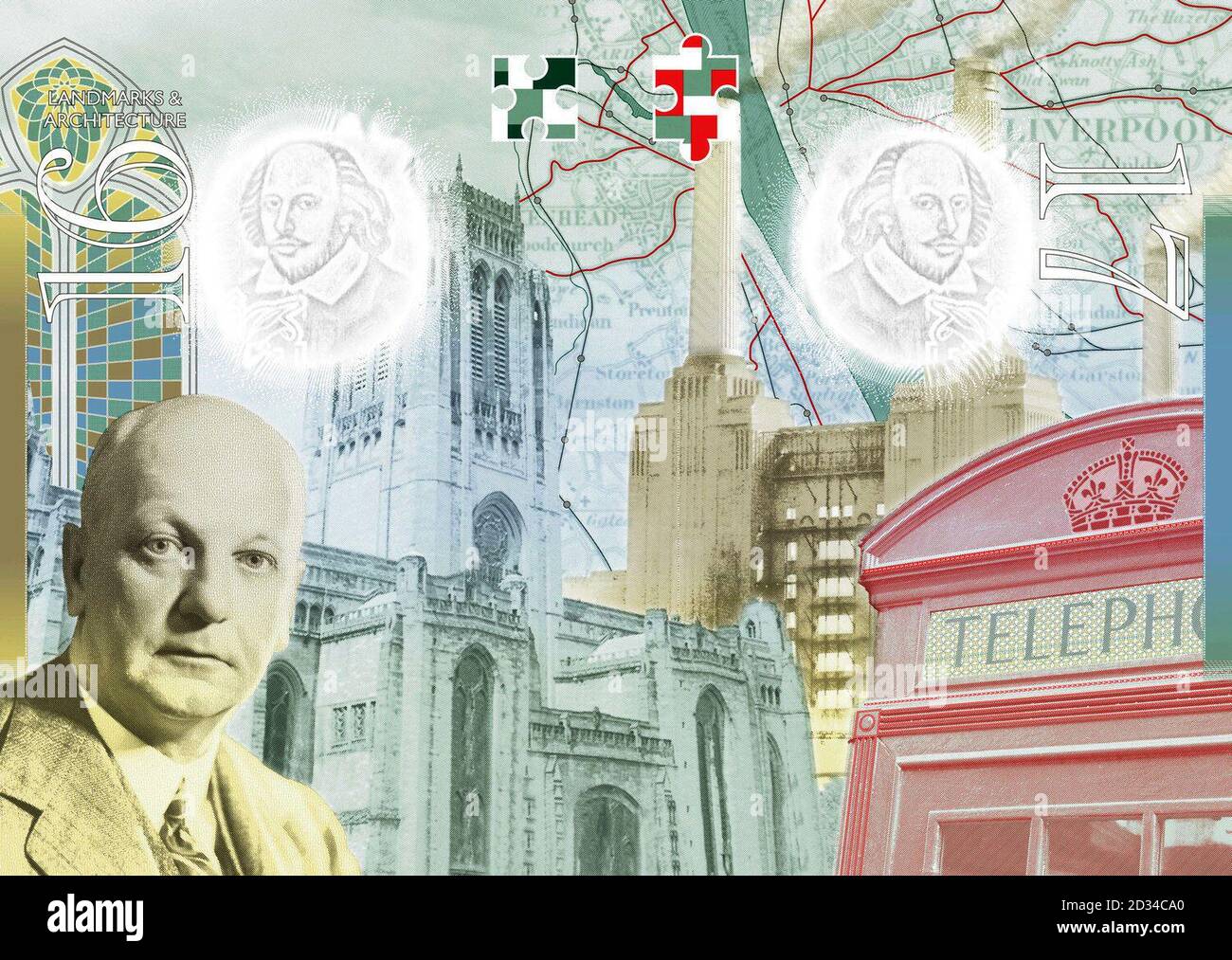 Two pages (featuring Sir Giles Gilbert Scott - Landmarks and Architecture) from the new British passport design that have been unveiled at Shakespeare's Globe Theatre in London. Stock Photo