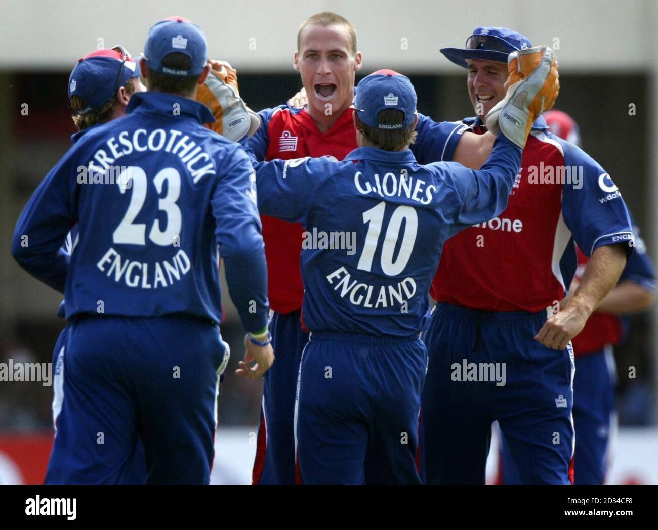 England's Simon Jones (C) celebrates with team-mates after trapping Australia's batsman Matthew Hayden LBW. Stock Photo