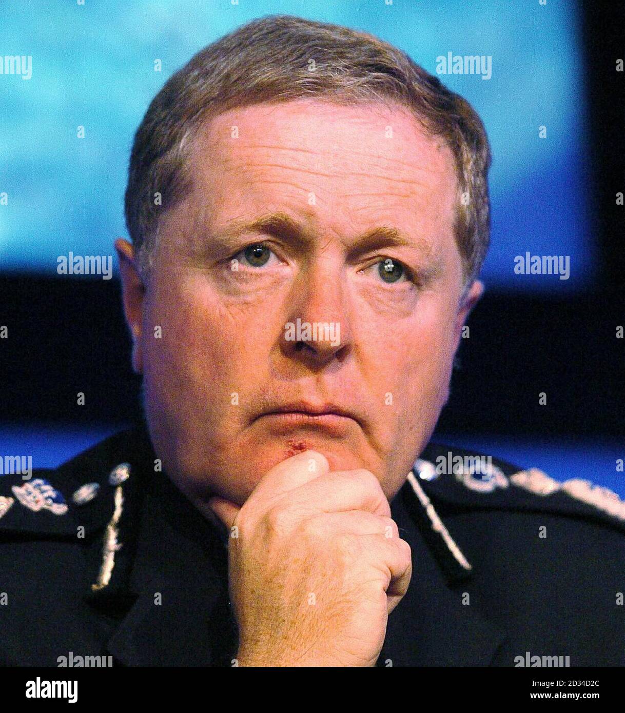 Metropolitan Police Commissioner Sir Ian Blair. He told the media that the shooting of a man on the London Underground at Stockwell Underground Station was 'directly linked' to an anti-terror operation. Stock Photo