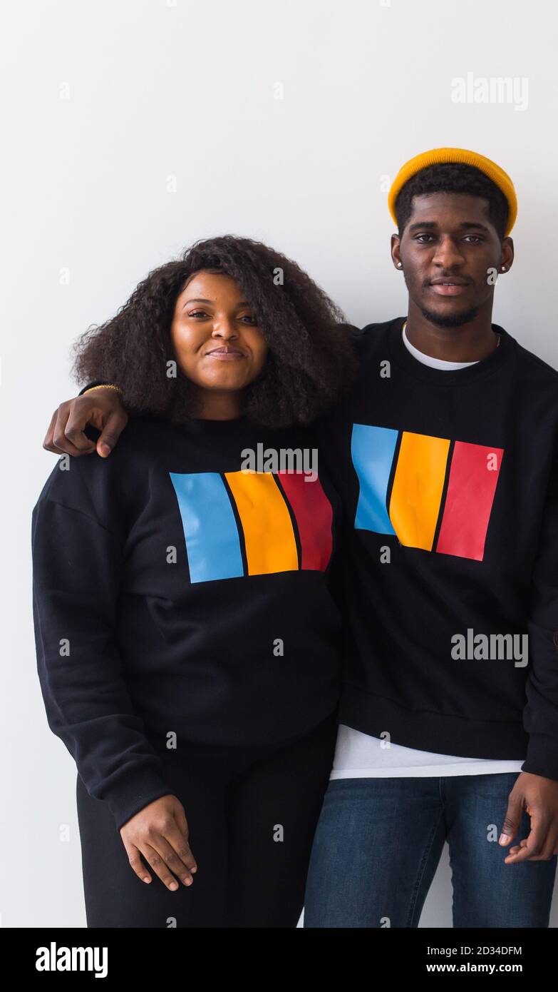 Happy African American woman and man have relationships, toothy smile ...
