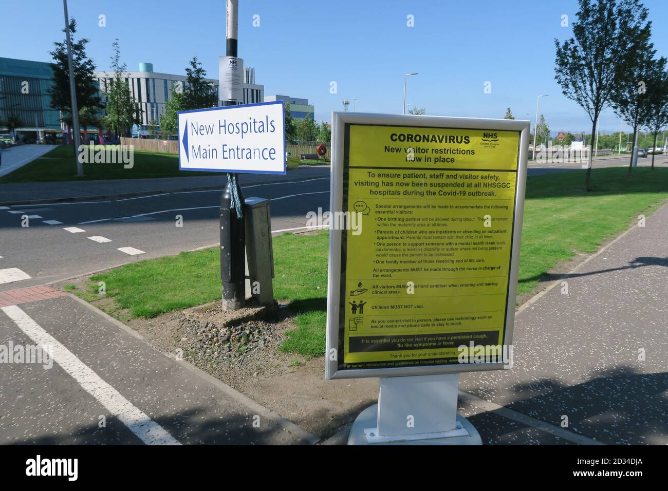 A Covid19 notice board at the Queen Elizabeth University Hospital, Glasgow, Scotland, informing patients and visitors about current restrictions. Stock Photo