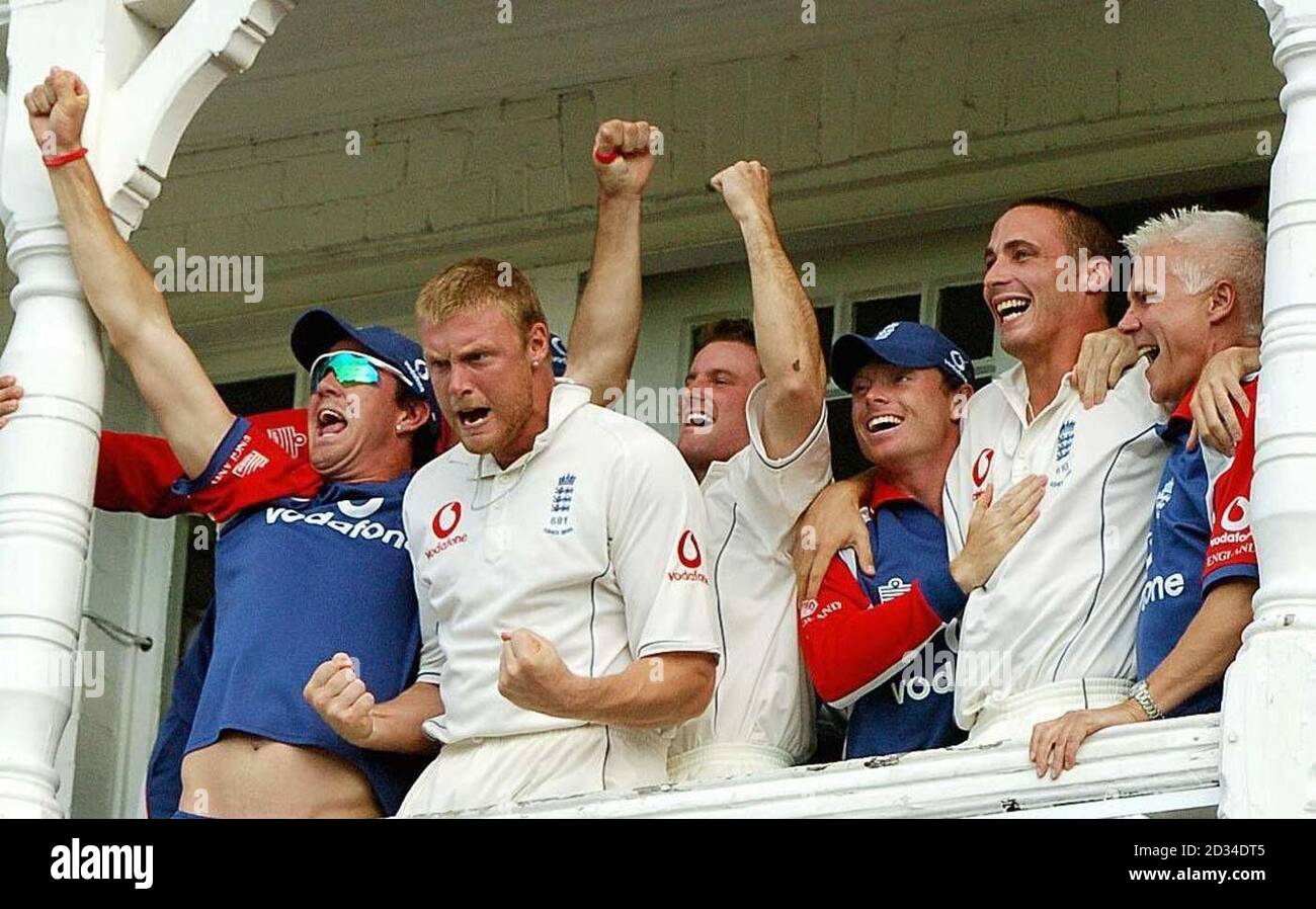England's Andrew Flintoff and Kevin Pietersen celebrate as they beat Australia during the fourth day of the fourth npower Test match at Trent Bridge, Nottingham. Stock Photo