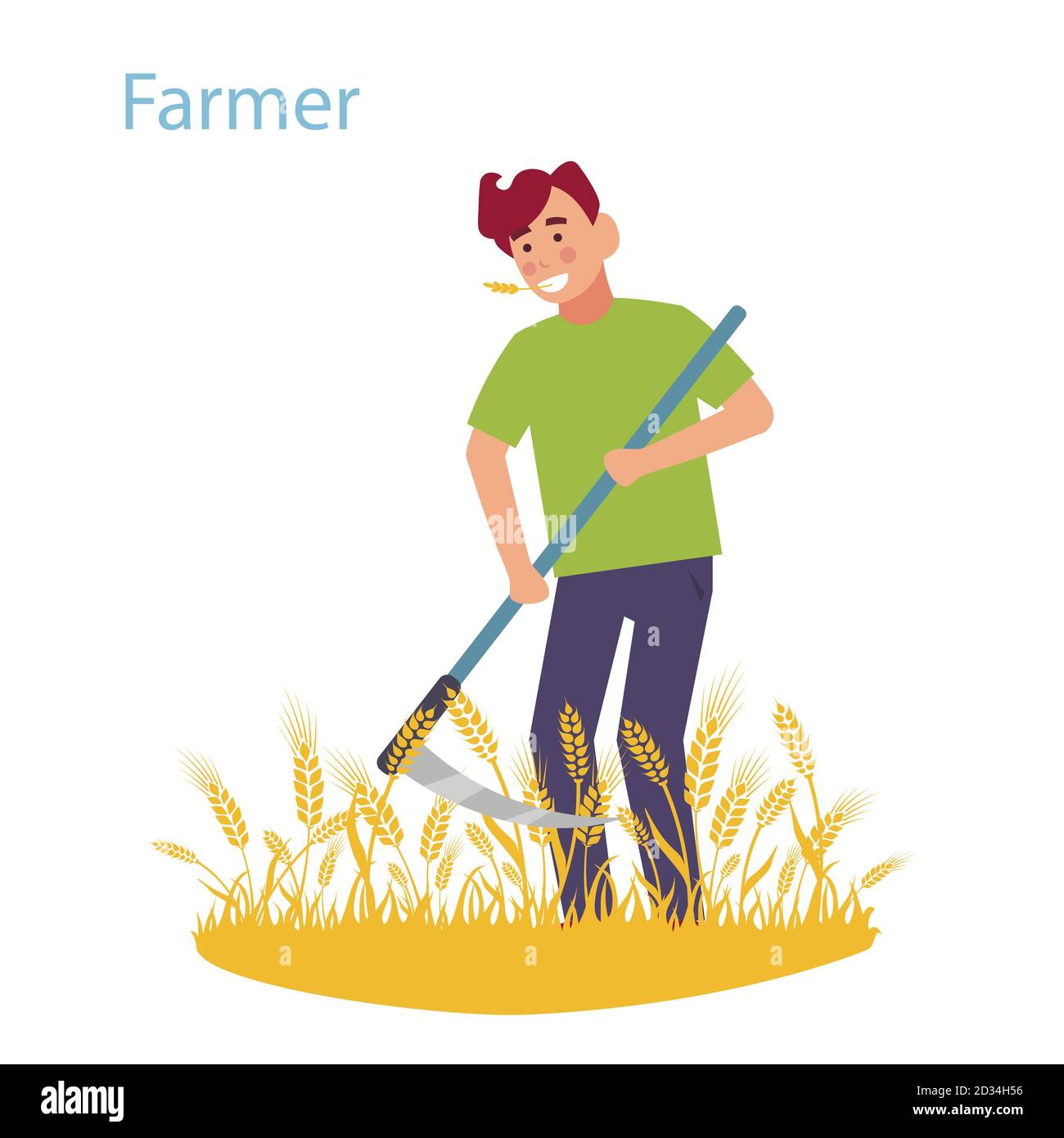A farmer mows the field with wheat scythe. Vector illustration Stock Vector