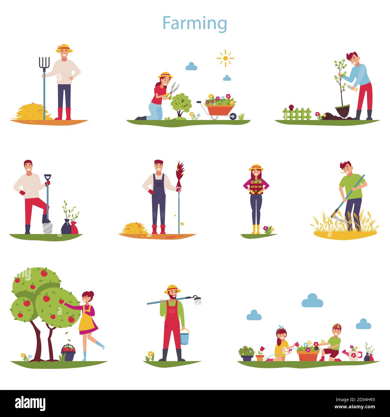 Flat vector set of character farmers working outdoors. People do ...
