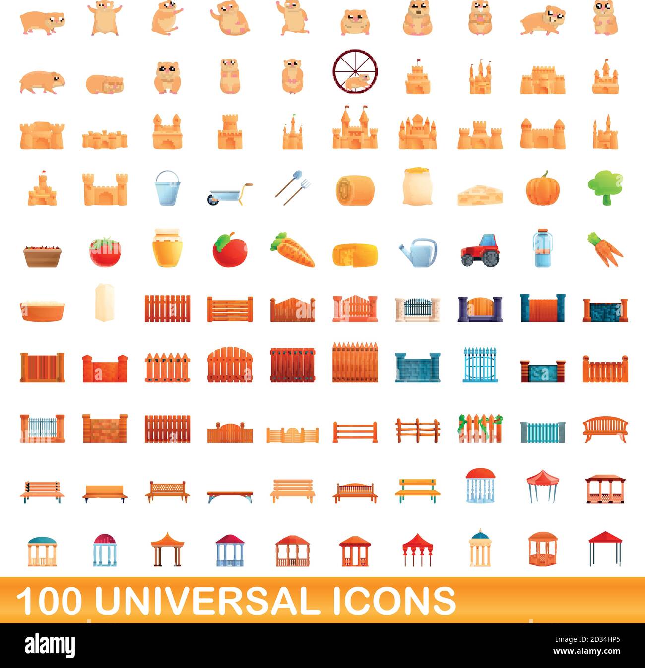 100 universal icons set. Cartoon illustration of 100 universal icons ...