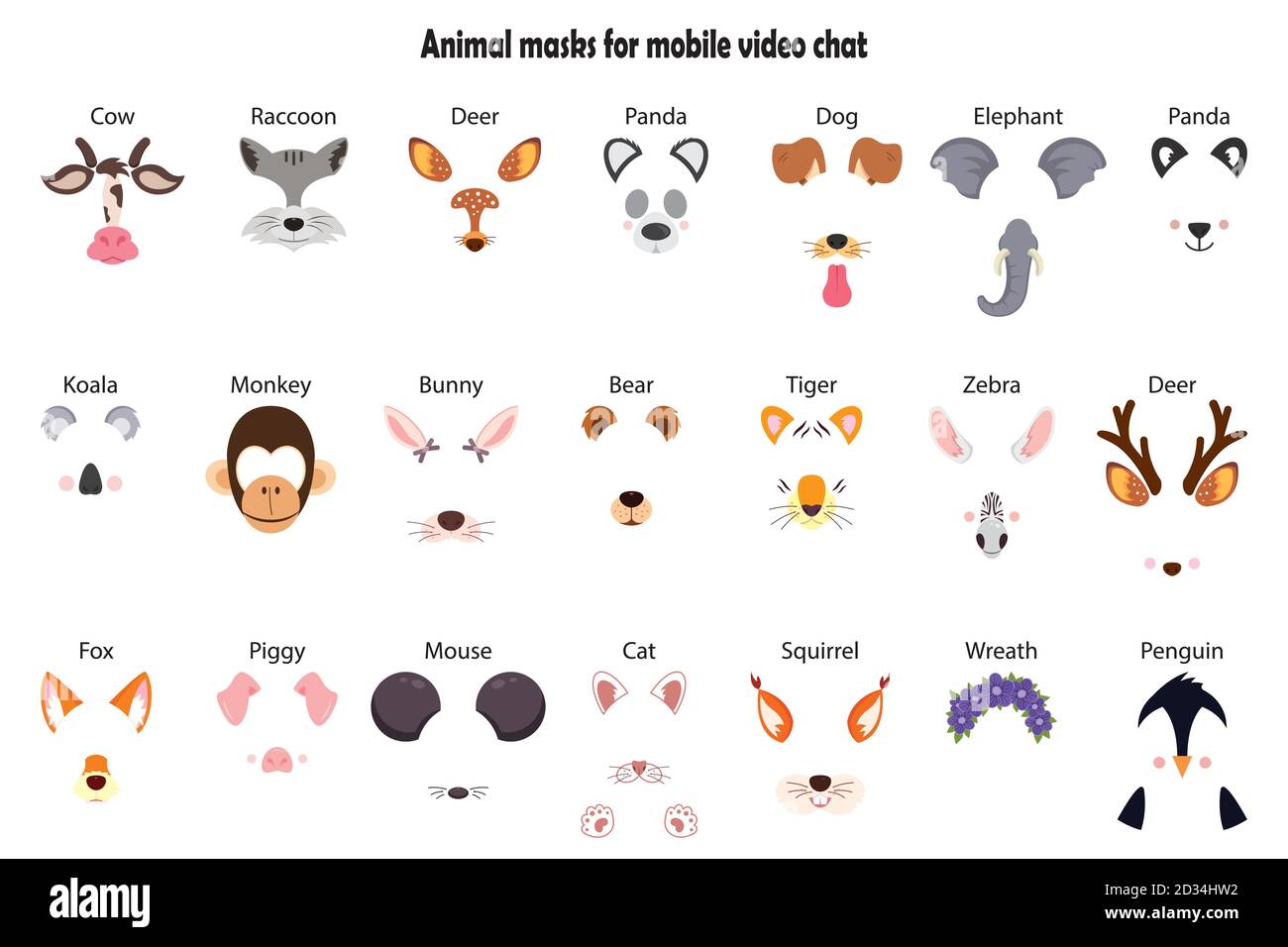 A collection of video chat application effects. A bunch of cute and funny faces or masks of various animals. Colorful vector illustration Stock Vector Image & Art - Alamy A collection of video chat application effects. A bunch of cute and funny faces or masks of various animals. Colorful vector illustration Stock Vector Image & Art - Alamy