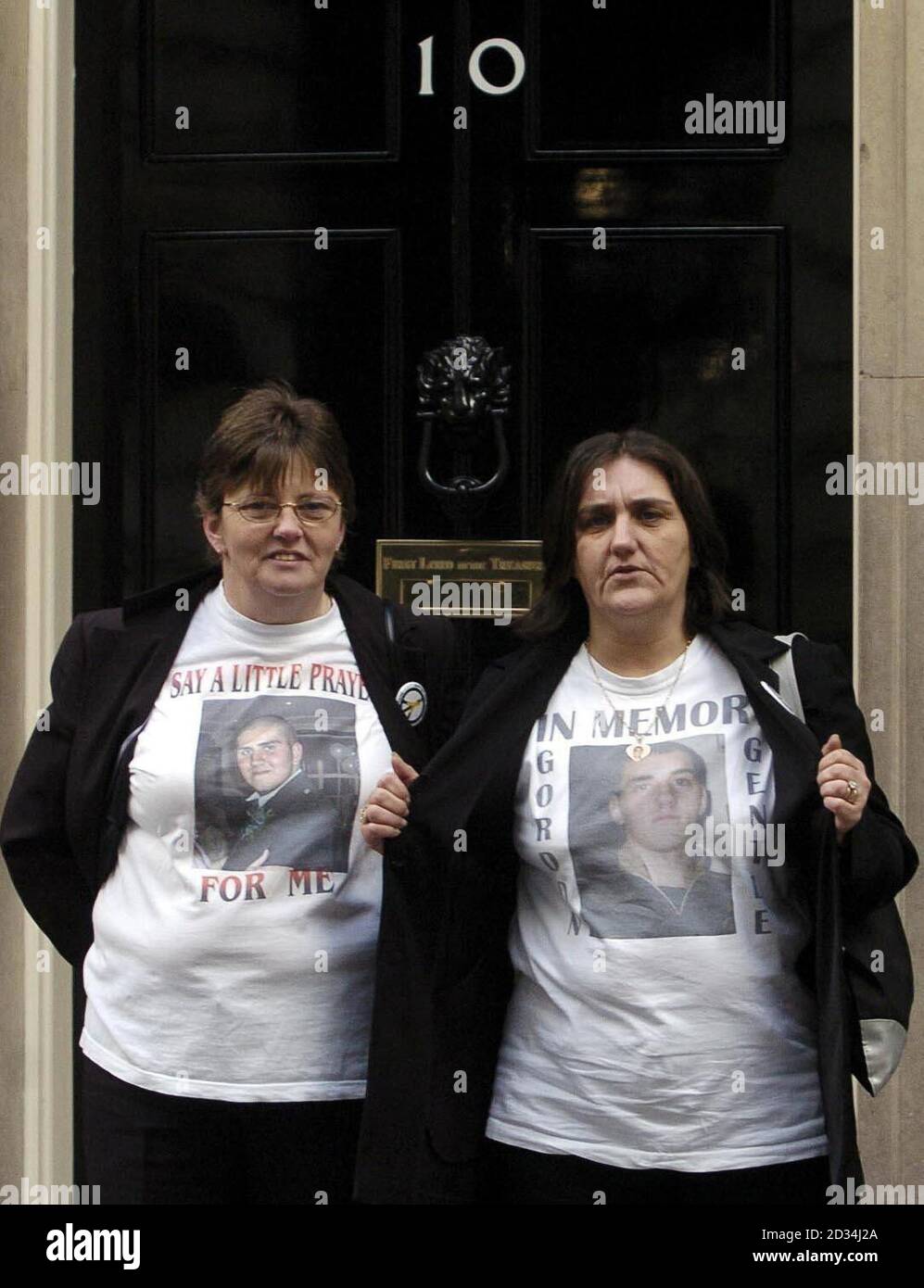 Janet Lowrie who has two sons serving in Iraq and Rose Gentle whose son, Fusilier Gordon Gentle, was killed in June 2004, arrive at Downing Street in central London, Wednesday March 1, 2006, to deliver a letter from Military Families Against The War, an organisation requesting the withdrawal of British troops in the region. See PA story POLITICS Iraq. PRESS ASSOCIATION Photo. Photo credit should read: Ian Nicholson/PA Stock Photo