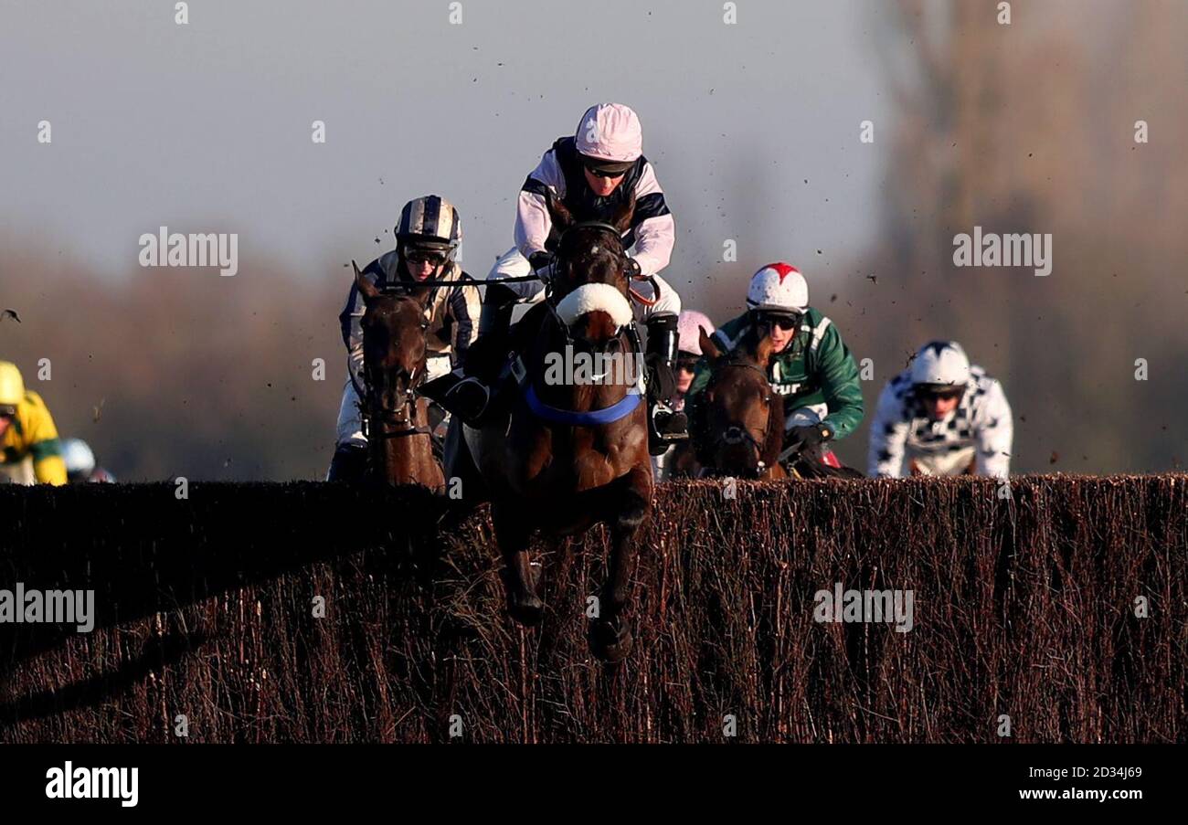 Brandon Hill ridden by Noel Fehily jumps the last to win The Betfred 'Treble Odds On All Lucky 15's' Handicap Steeplechase at Newbury Racecourse. Stock Photo
