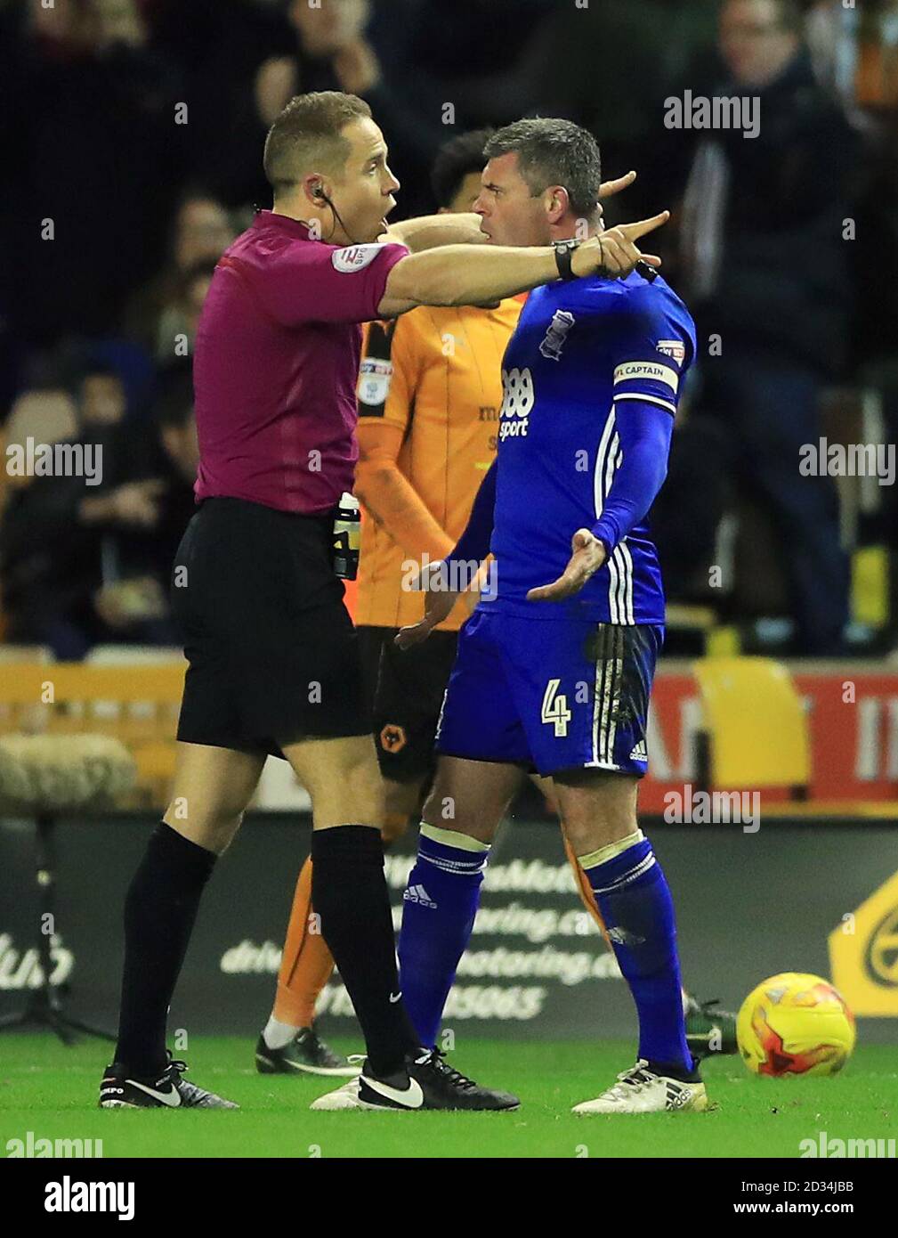 Birmingham City's Paul Robinson is sent off by referee Steve Martin during the Sky Bet Championship match at Molineux, Wolverhampton. Stock Photo